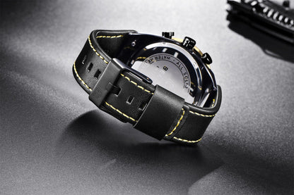 Watch Stevvex ST442GLDPLN2 men's watch with black leather strap and yellow stitching back view on Tampa Home & Garden Store
