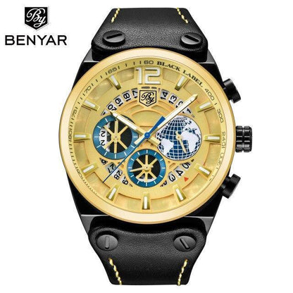 Men's luxury sport watch Benyar with gold-tone bezel, black leather strap, luminous hands on Tampa Home & Garden Store