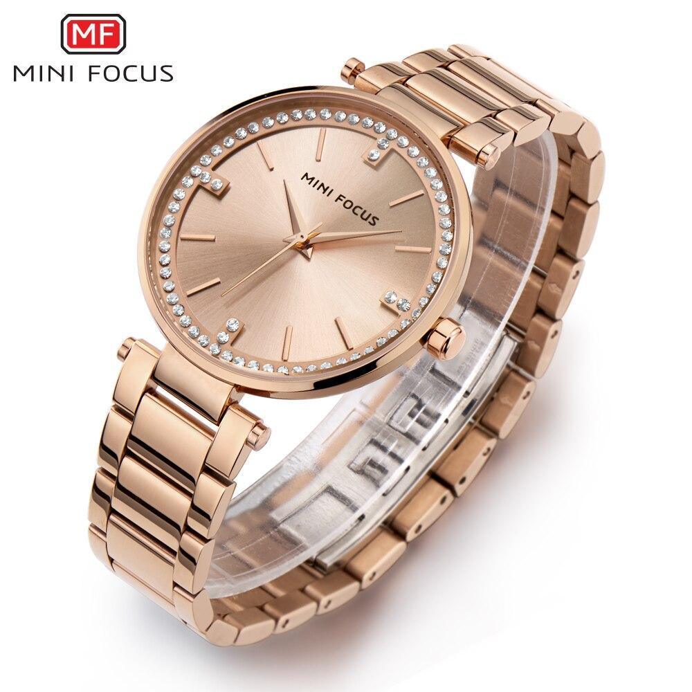 Mini Focus rose-gold women's stainless steel analog quartz watch with crystal bezel on Tampa Home & Garden Store