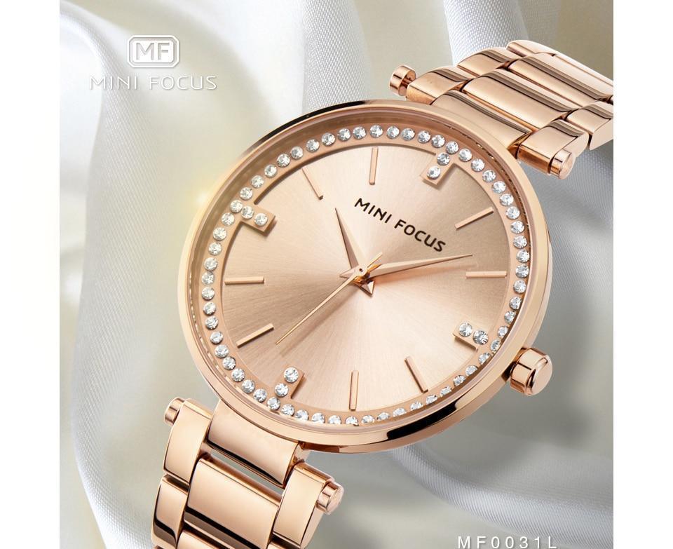 Womens rose gold crystal watch with bezel and stainless steel bracelet analog quartz MINI FOCUS on Tampa Home & Garden Store
