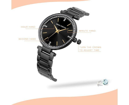 Luxury crystal watch with black stainless steel band, black dial, crystal rim, analog quartz on Tampa Home & Garden Store