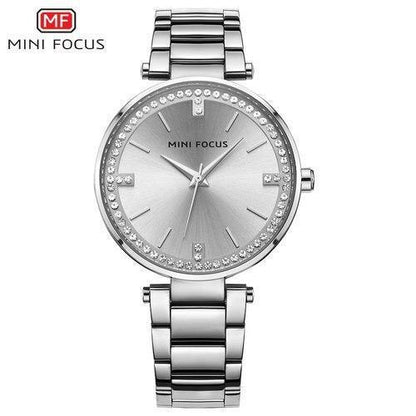 MINI FOCUS women's stainless steel quartz analog watch with crystal bezel and silver dial bracelet waterproof on Tampa Home & Garden Store