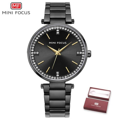 Mini Focus black dial stainless steel band watch for women with crystal bezel and hands on Tampa Home & Garden Store