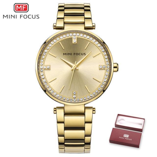 Gold-tone Mini Focus women's quartz watch with crystal bezel and stainless steel bracelet, box on Tampa Home & Garden Store