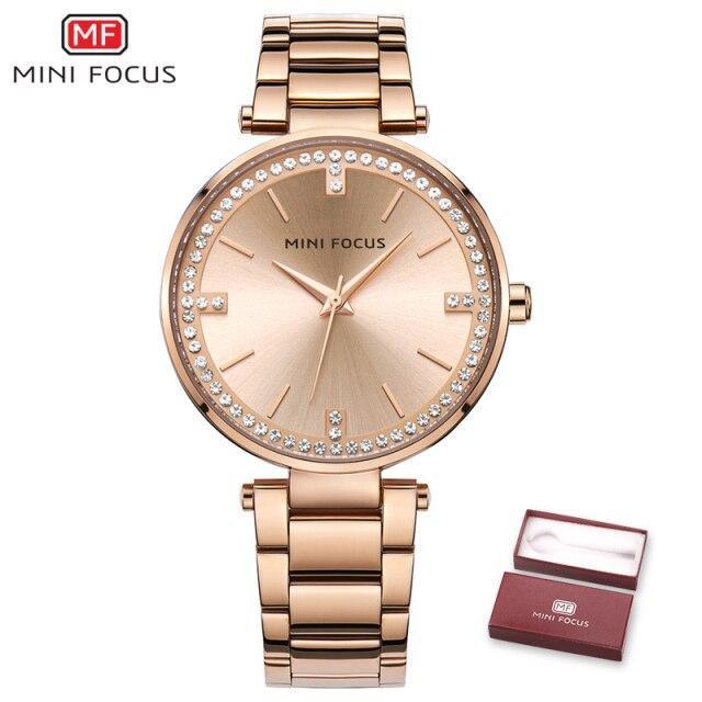 Mini Focus women's rose gold crystal bezel watch with stainless steel bracelet on Tampa Home & Garden Store