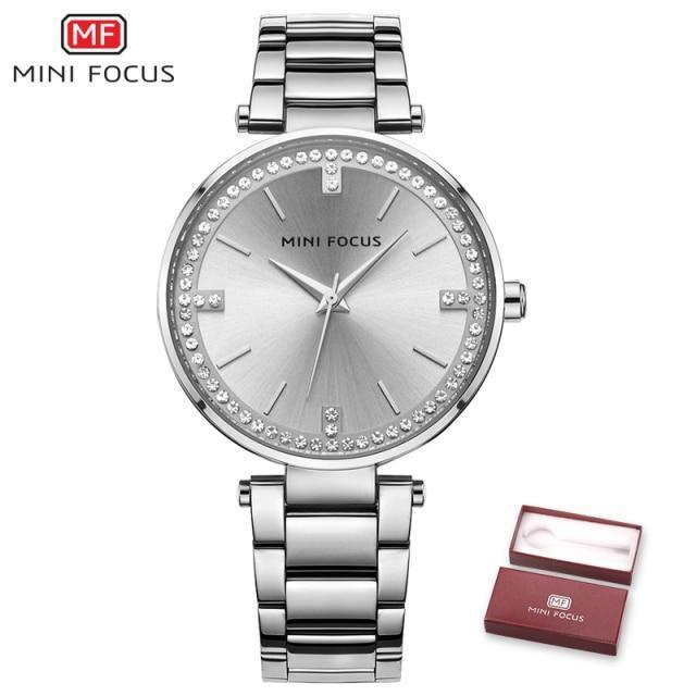 MINI FOCUS women's watch with silver dial and crystal bezel; stainless steel bracelet; box on Tampa Home & Garden Store