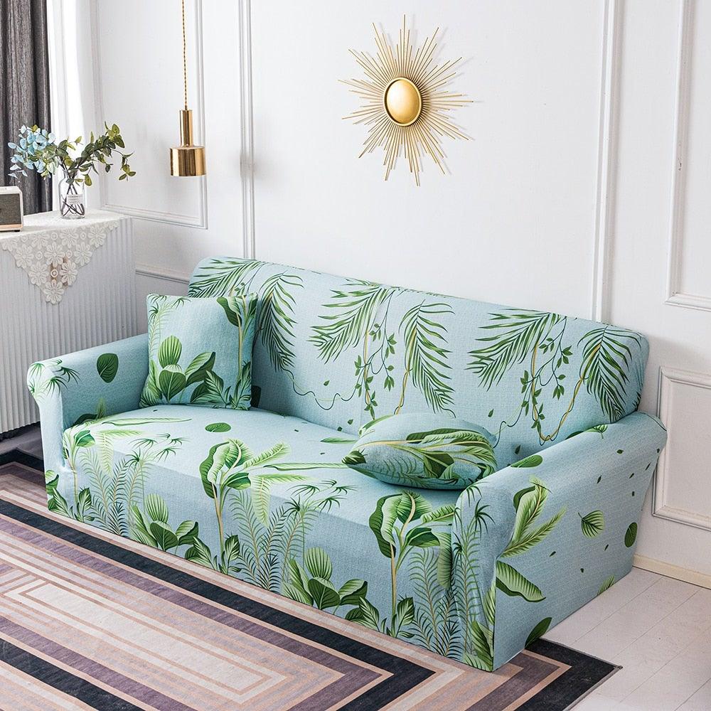 Stevvex floral sofa slipcover in light blue with green print for 3-seat couch with cushion covers on Tampa Home & Garden Store