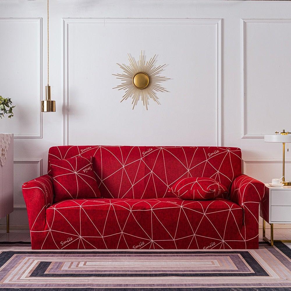 Red geometric pattern sofa slipcover with separate cushion covers for 3-seat sofa on Tampa Home & Garden Store