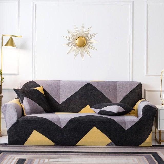 Stretch sofa slipcover Stevvex ST50DE3092TRE 3-seat couch cover with black gray yellow pattern on Tampa Home & Garden Store