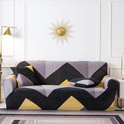Stretch sofa slipcover Stevvex ST50DE3092TRE 3-seat couch cover with black gray yellow pattern on Tampa Home & Garden Store