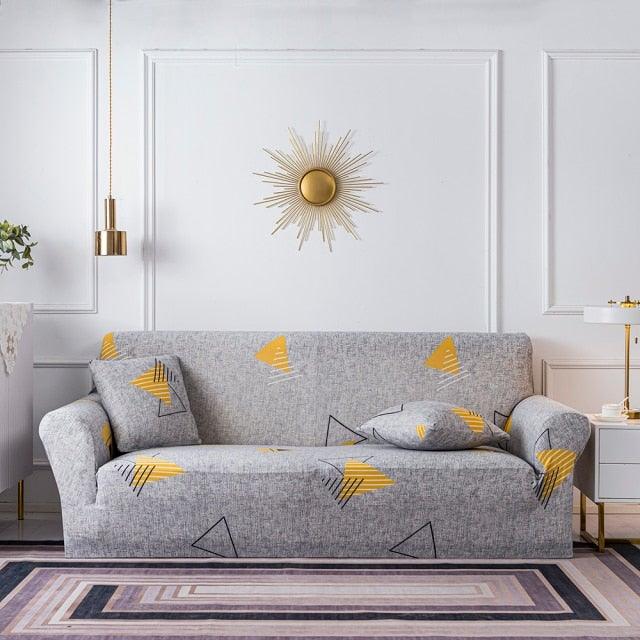 Stevvex sofa slipcover for 3-seat couch in gray with yellow geometric triangle print on Tampa Home & Garden Store
