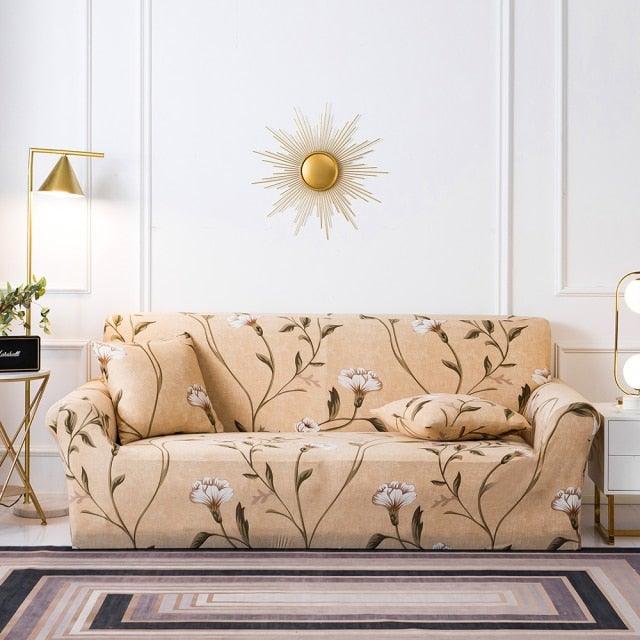 Stevvex floral elastic sofa cover on beige 3-cushion couch with cushion covers on Tampa Home & Garden Store