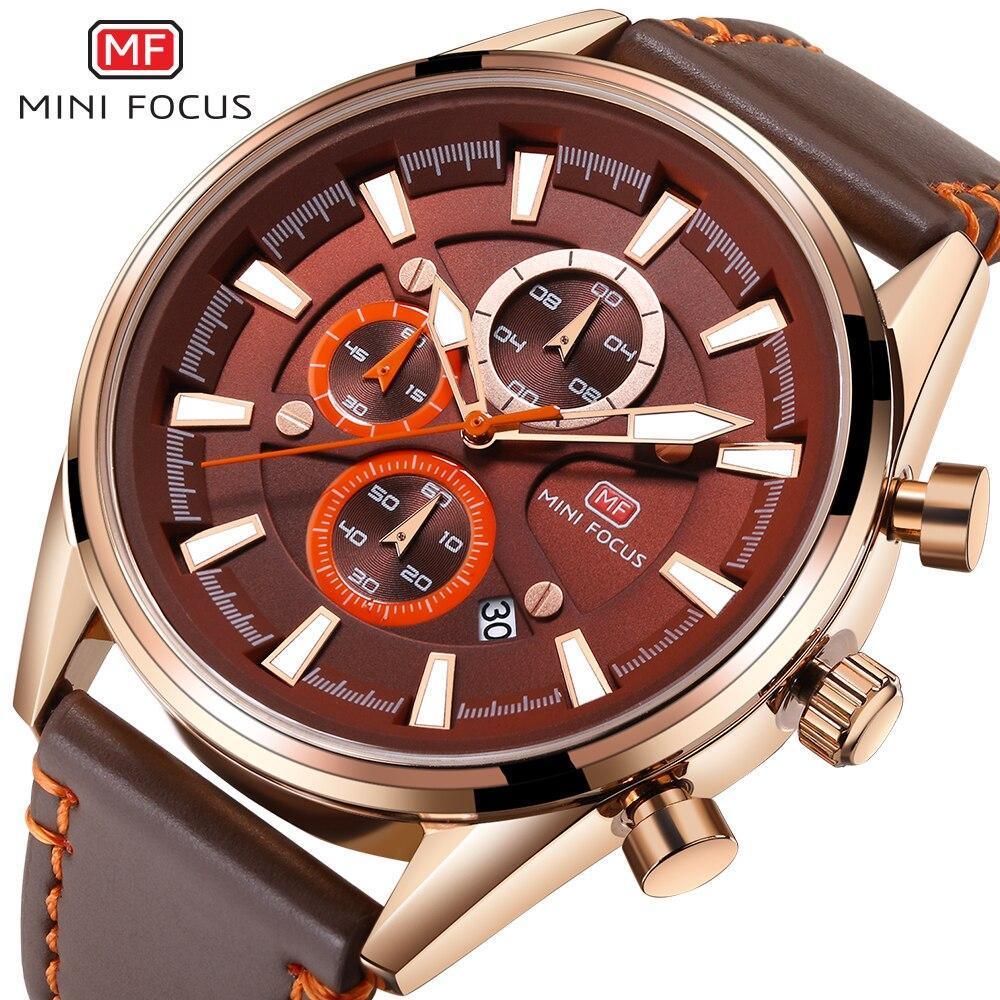 Brown luxury men's watch with rose-gold case, brown leather strap and chronograph by Stevvex on Tampa Home & Garden Store