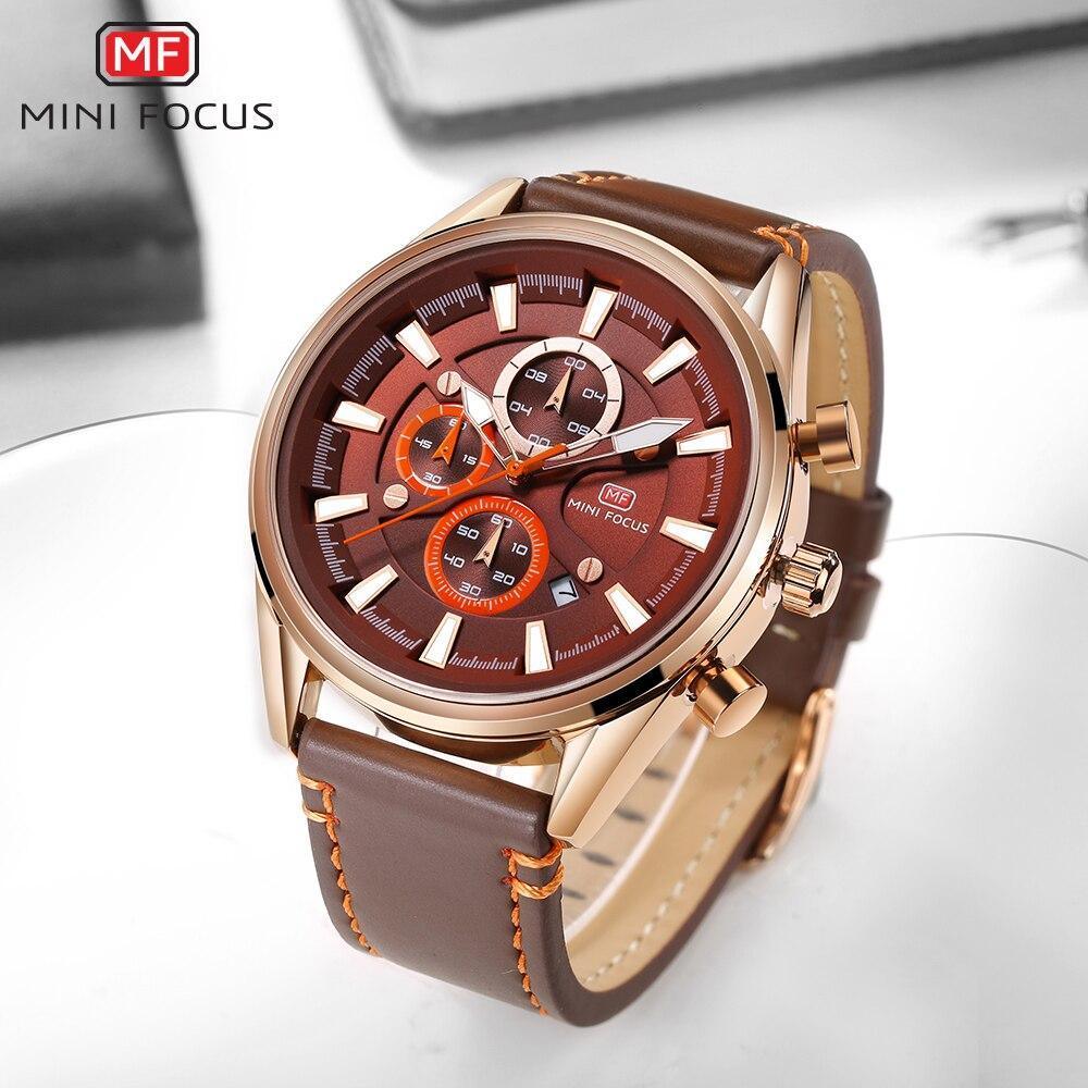 Brown Stevvex luxury men's watch with leather strap and rose gold case multifunction dials on Tampa Home & Garden Store