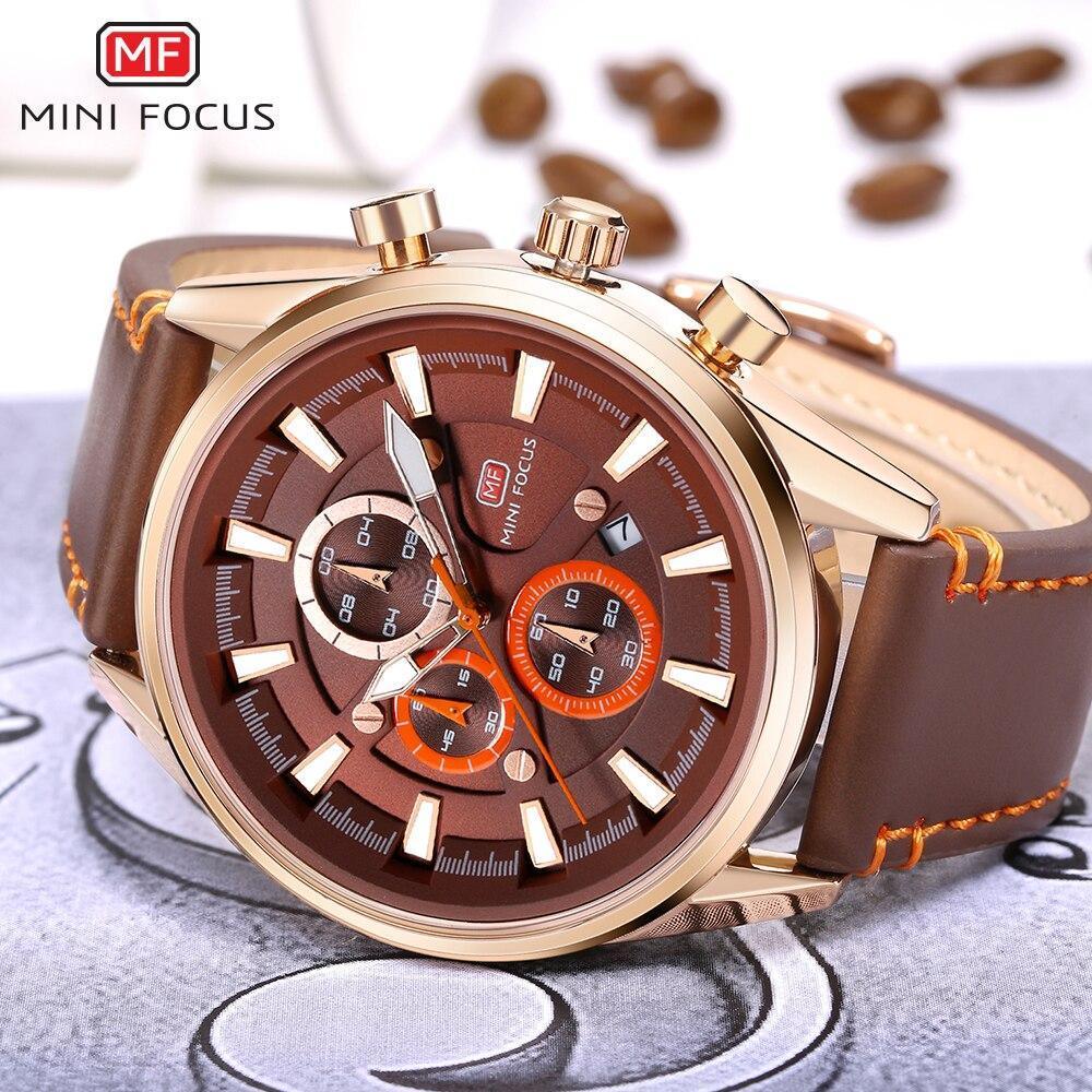 Stevvex Mini Focus brown luxury men's watch with leather strap, rose-gold case, chronograph on Tampa Home & Garden Store
