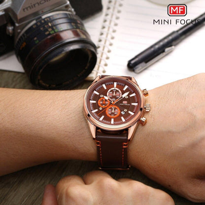Stevvex brown luxury men's watch with leather strap and rose-gold case, chronograph dials on Tampa Home & Garden Store