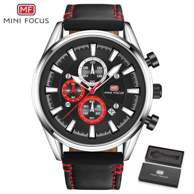 Stevvex Mini Focus men's watch with black dial, case, red subdials, black leather strap on Tampa Home & Garden Store
