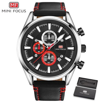 Stevvex Mini Focus men's watch with black dial, case, red subdials, black leather strap on Tampa Home & Garden Store
