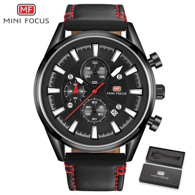 Men's chrono watch with black dial, leather strap red stitching, Mini Focus MF, 2 boxes on Tampa Home & Garden Store