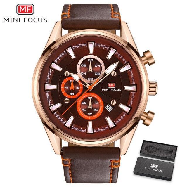 Brown luxury men's watch by Stevvex with leather strap, rose-gold case, chronograph subdials on Tampa Home & Garden Store