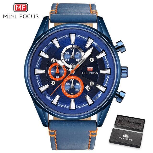 Blue leather strap chronograph watch with orange subdials; Mini Focus branding on dial on Tampa Home & Garden Store