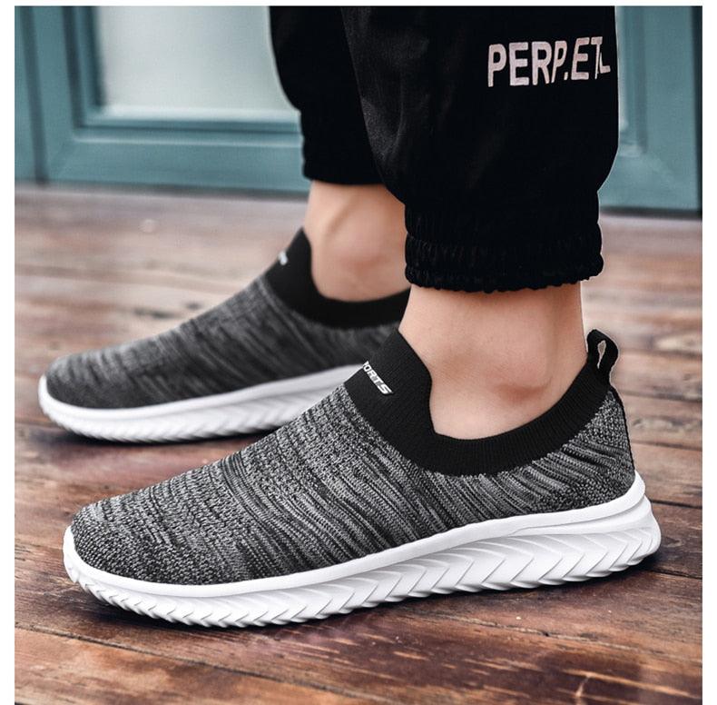 Sneakers Stevvex gray knit slip-on with black collar and white sole, casual walking shoes on Tampa Home & Garden Store