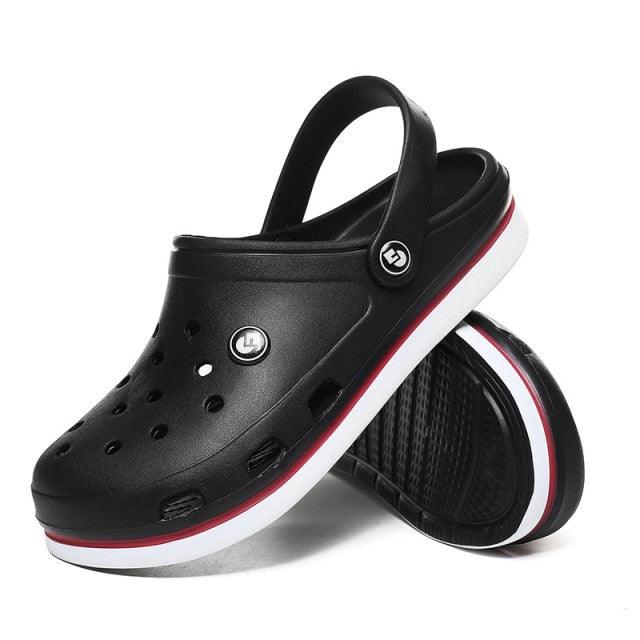 Stevvex men's black clogs with ankle strap, perforated upper, white sole with red stripe on Tampa Home & Garden Store