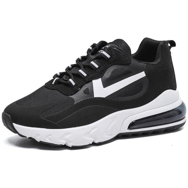 Womens Stevvex black mesh sneakers with white side stripe, thick sole and air cushion on Tampa Home & Garden Store