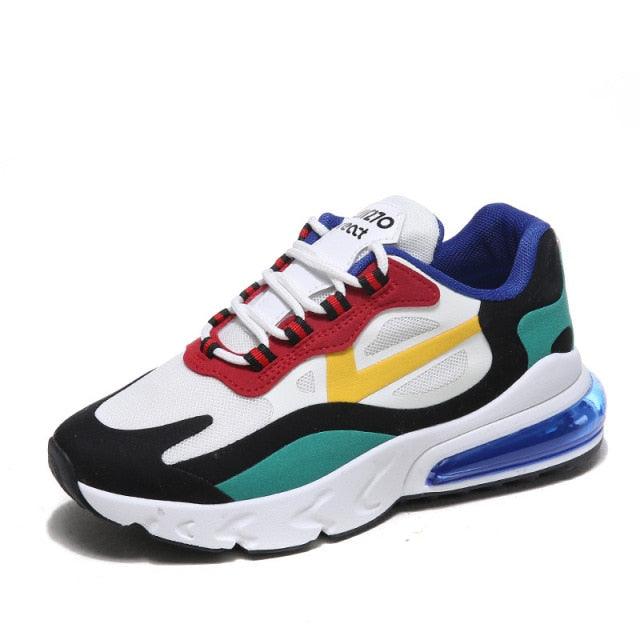 Stevvex women's colorful sneakers with thick sole and air cushion, red teal yellow accents on Tampa Home & Garden Store