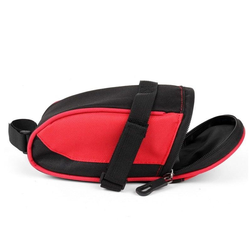 Under-seat waterproof bike bag in red and black with zipper and adjustable straps on Tampa Home & Garden Store