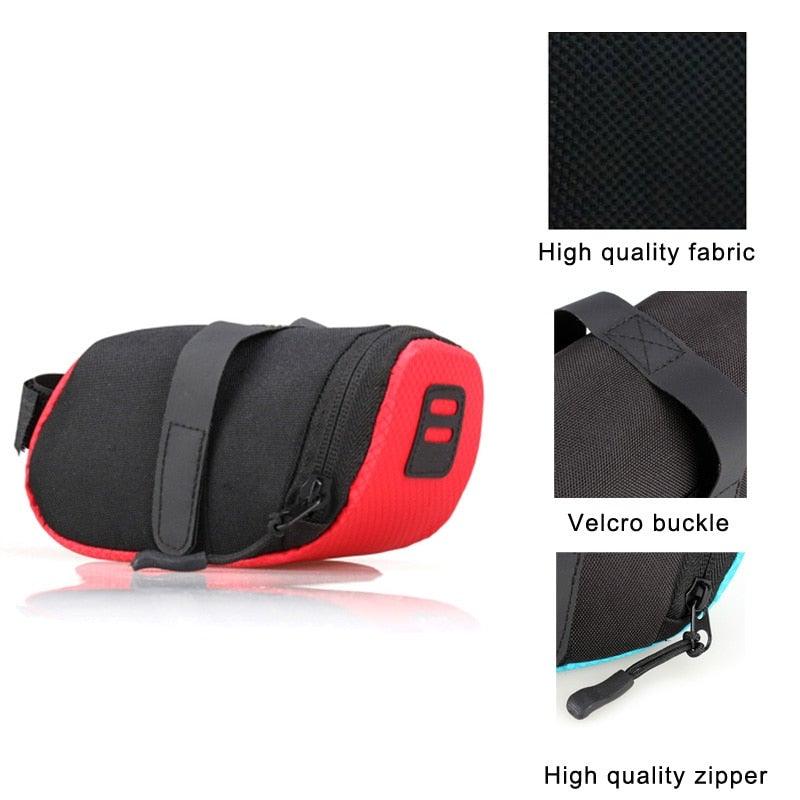 Stevvex under-seat waterproof bike bag with red ends, Velcro buckle, zipper on Tampa Home & Garden Store