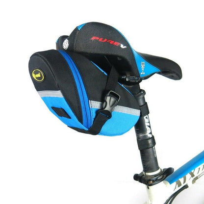 Stevvex waterproof bike saddle bag under-seat pouch blue/black with reflective strip on bike on Tampa Home & Garden Store