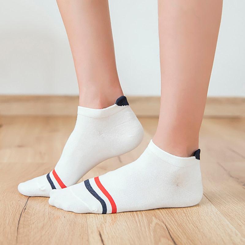 Stevvex 5-pair cotton ankle socks white with navy heel tab and red/blue toe stripes on feet on Tampa Home & Garden Store