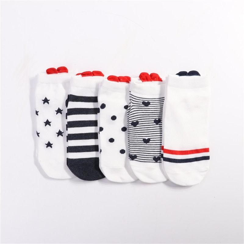 Stevvex 5-pair ankle socks set white with star, stripes, dots, hearts, red stripe for women on Tampa Home & Garden Store
