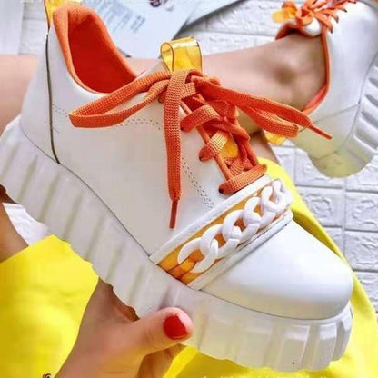 Stevvex women's leather platform sneakers white with orange laces and yellow accents on Tampa Home & Garden Store