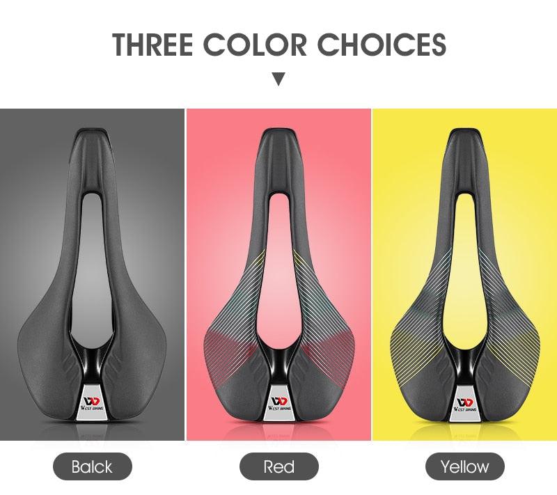 Stevvex leather bike saddle with breathable hollow cushion in black red yellow on Tampa Home & Garden Store