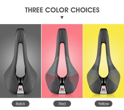 Stevvex leather bike saddle with breathable hollow cushion in black red yellow on Tampa Home & Garden Store