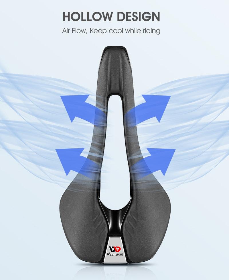 Leather bike saddle with hollow design for road bikes, breathable airflow, West Biking logo on Tampa Home & Garden Store