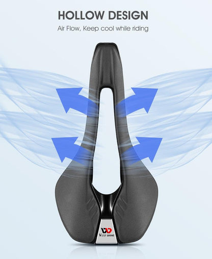 Leather bike saddle with hollow design for road bikes, breathable airflow, West Biking logo on Tampa Home & Garden Store