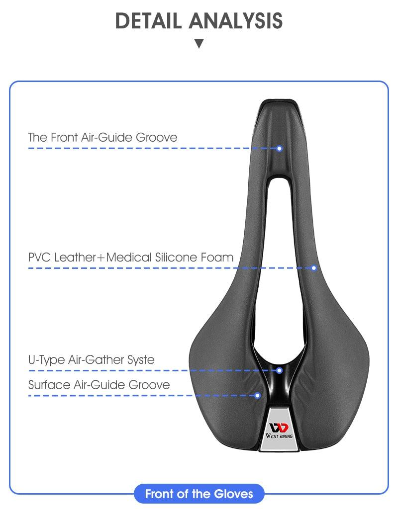 Leather bike saddle with hollow center, PVC leather and silicone foam West Biking logo on Tampa Home & Garden Store