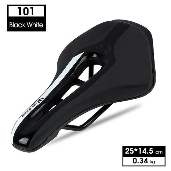 Stevvex leather bike saddle, black with white accent, hollow ergonomic design, 25x14.5 cm on Tampa Home & Garden Store