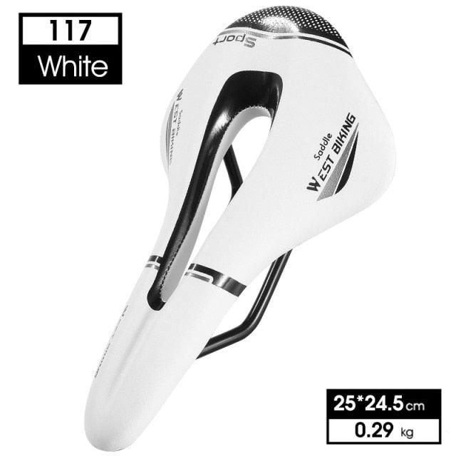 Stevvex white leather road bike saddle with hollow cushion and ergonomic design on Tampa Home & Garden Store