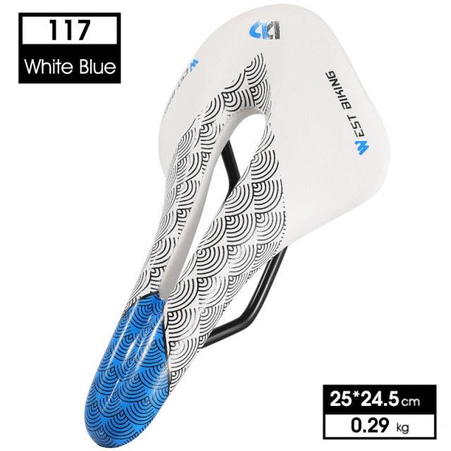 Stevvex leather bike saddle white with blue nose, breathable hollow cushion road bike seat on Tampa Home & Garden Store