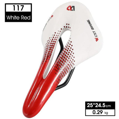 Stevvex leather bike saddle for road bikes, white with red accents, hollow cutout, black rails on Tampa Home & Garden Store