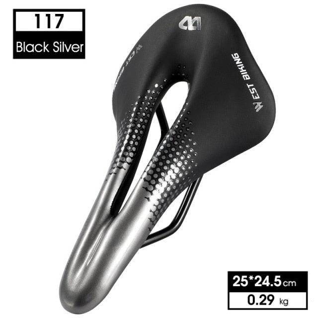 Stevvex leather bike saddle for road bikes, black/silver, hollow breathable cushion, 25x24.5 cm on Tampa Home & Garden Store