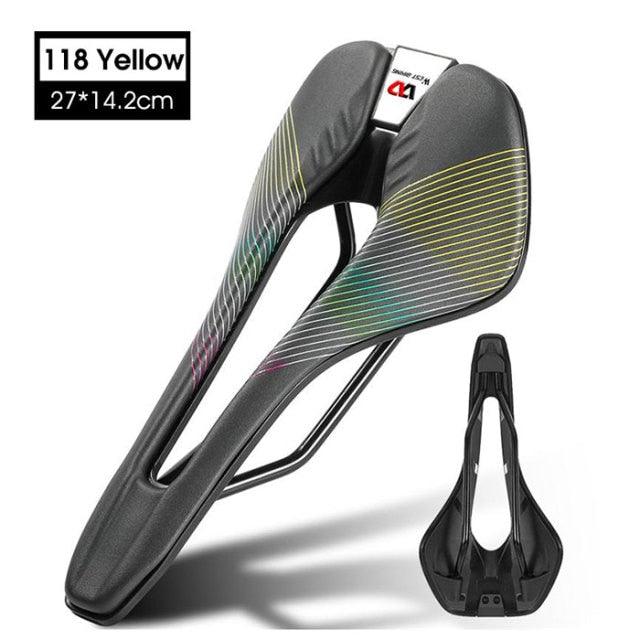 Leather bike saddle Stevvex, ergonomic hollow cushion road bike seat with rainbow lines 27×14.2 cm on Tampa Home & Garden Store