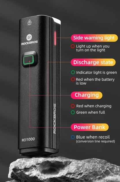 RockBros R3-1000 front bike light USB rechargeable 1000LM, black waterproof headlamp with power bank on Tampa Home & Garden Store