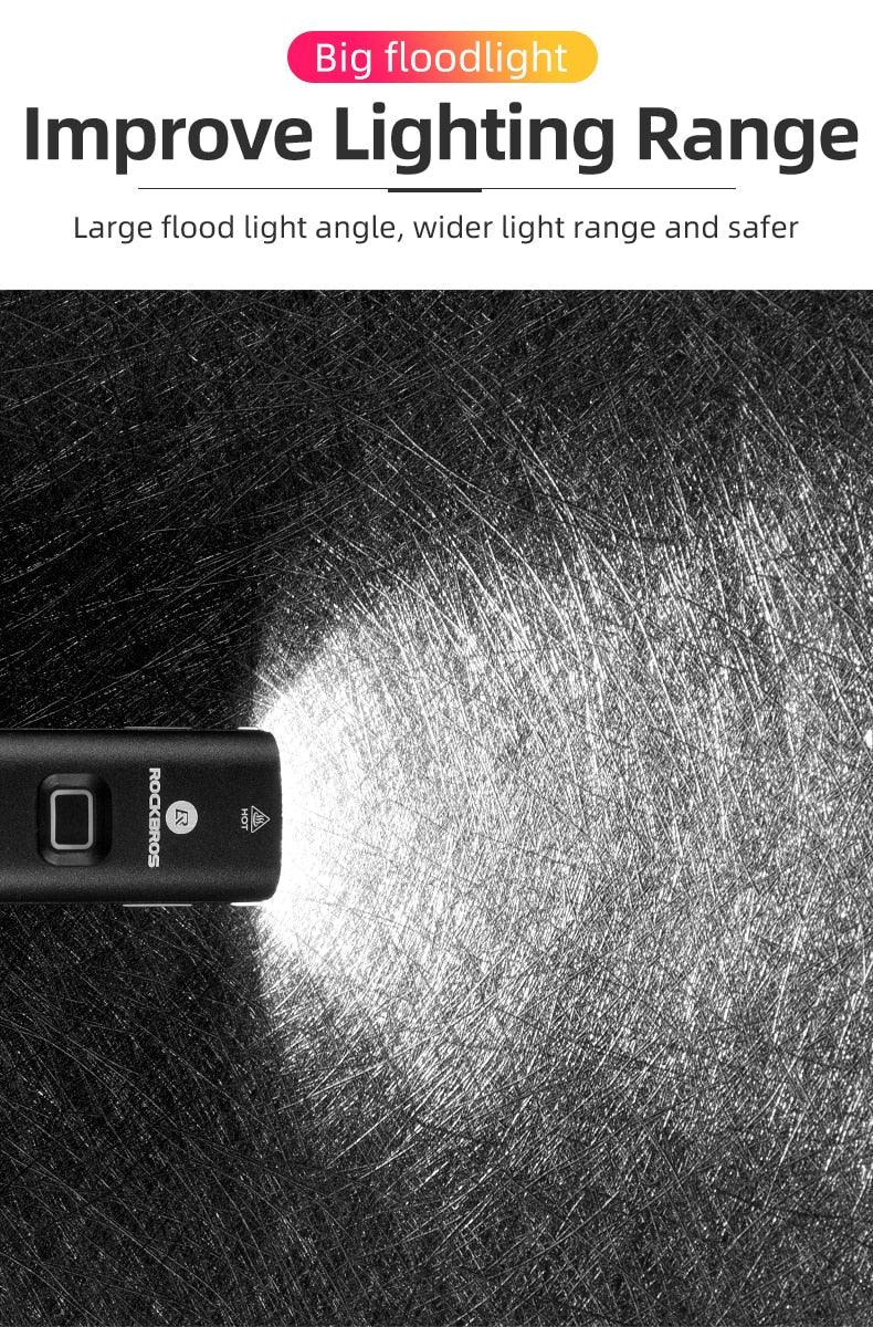 Black USB rechargeable bike front light with Rockbros branding, bright flood beam on Tampa Home & Garden Store