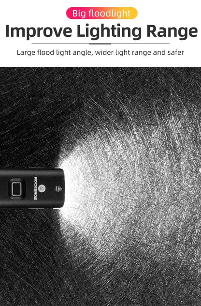 Black USB rechargeable bike front light with Rockbros branding, bright flood beam on Tampa Home & Garden Store