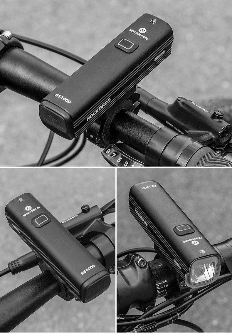 Bike Front Light RockBros RB-1000 USB rechargeable LED, black with handlebar mount on Tampa Home & Garden Store
